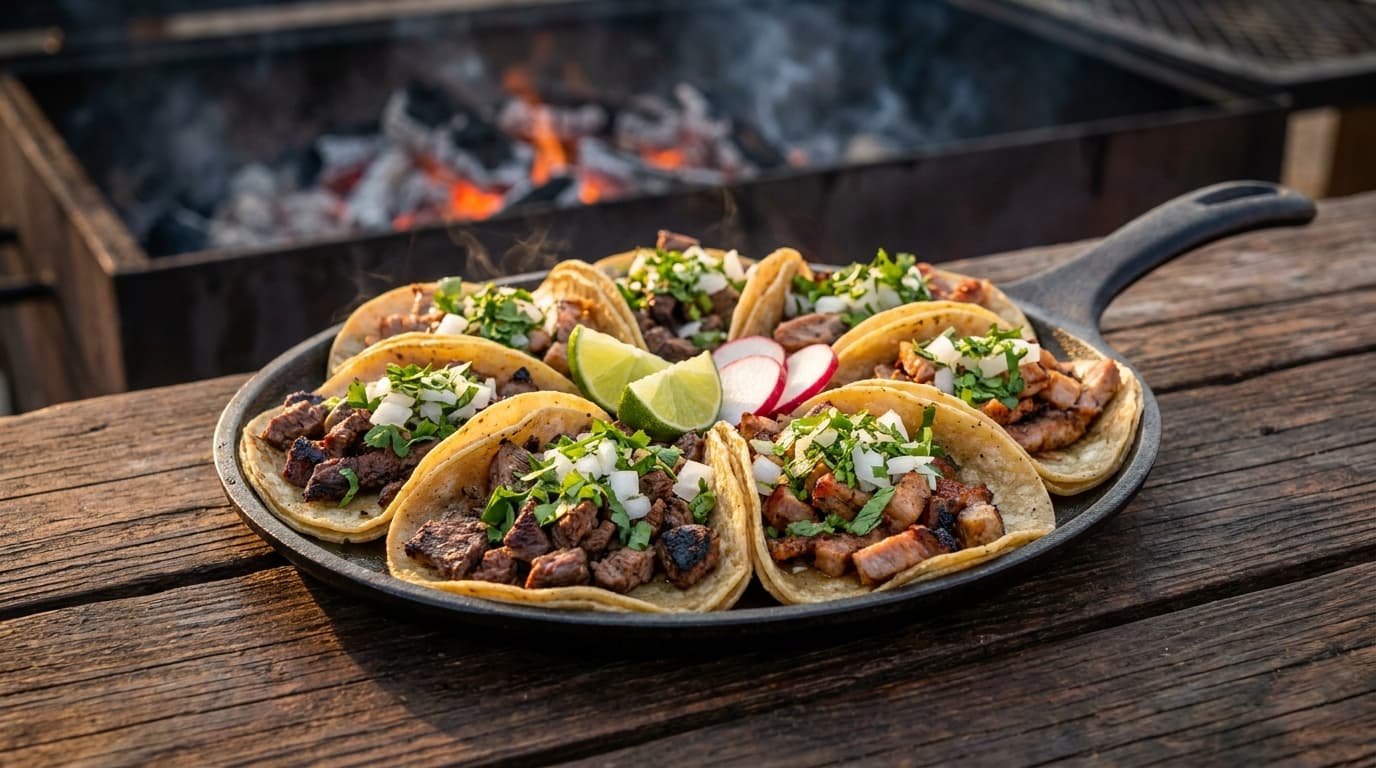 Tacos al carbón recién hechos en comal de la Taquería Don Carlos